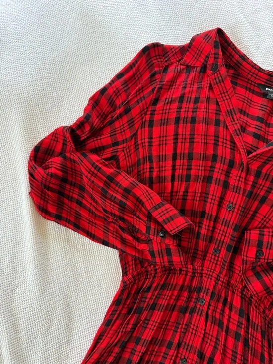 Express Red and Black Plaid Long Sleeve Dress - Picture 2 of 10